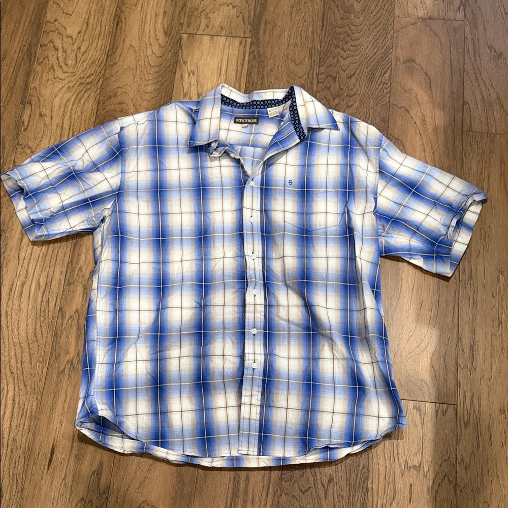 Stetson Blue and White Plaid Short-Sleeve Button-Up Shirt 2XL